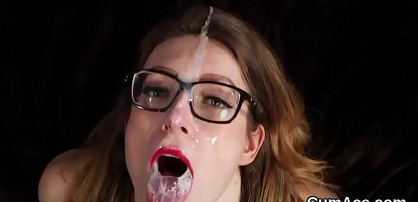  Slutty bombshell gets sperm shot on her face eating all the juice